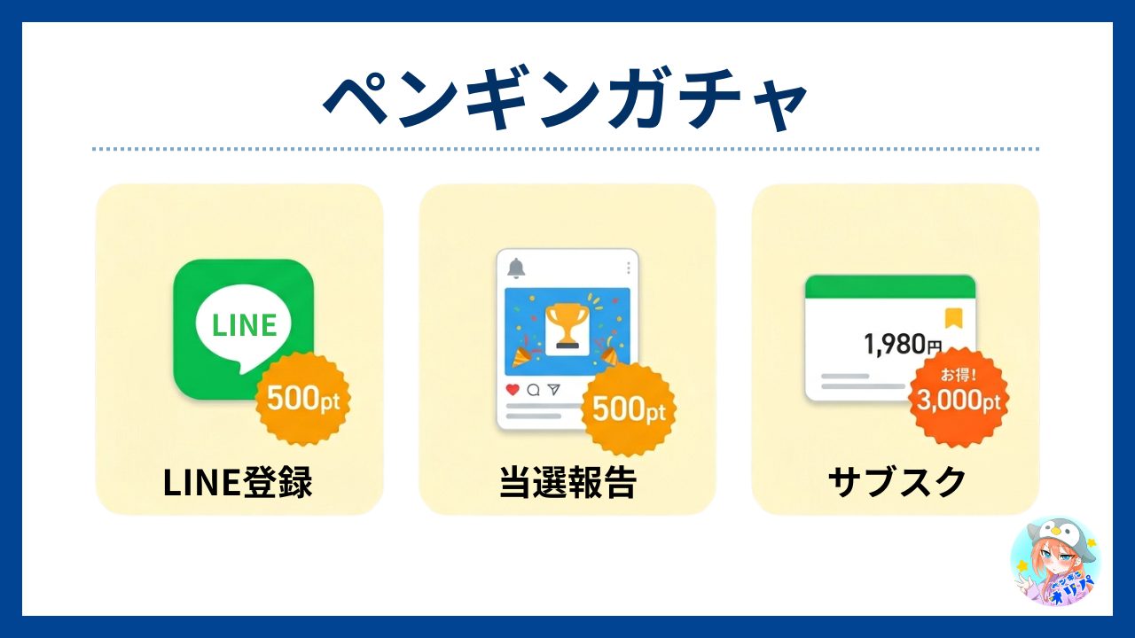 ペンギンガチャ:LINE連携→ 500pt(初回無料のオンラインオリパおすすめ)